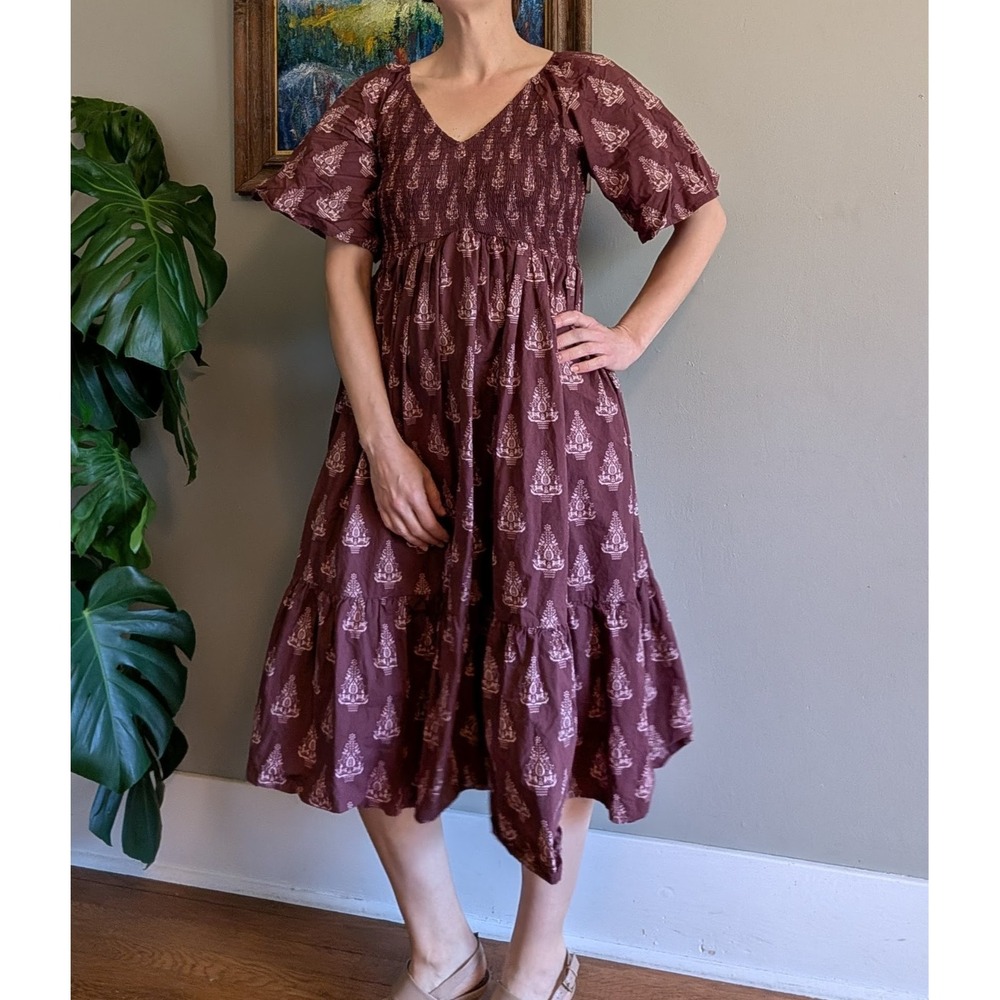 Kate Quinn Organic Cotton Smocked Midi Dress Boho Prairie Folk Cottagecore Med